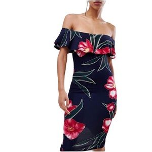 AX Paris off the shoulder floral dark blue/navy stretchy dress sz 12 New w/ tags